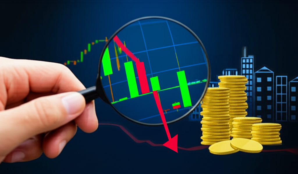 投資人檢查股價暴跌圖表 放大鏡標示1美元股價門檻與低市值插圖