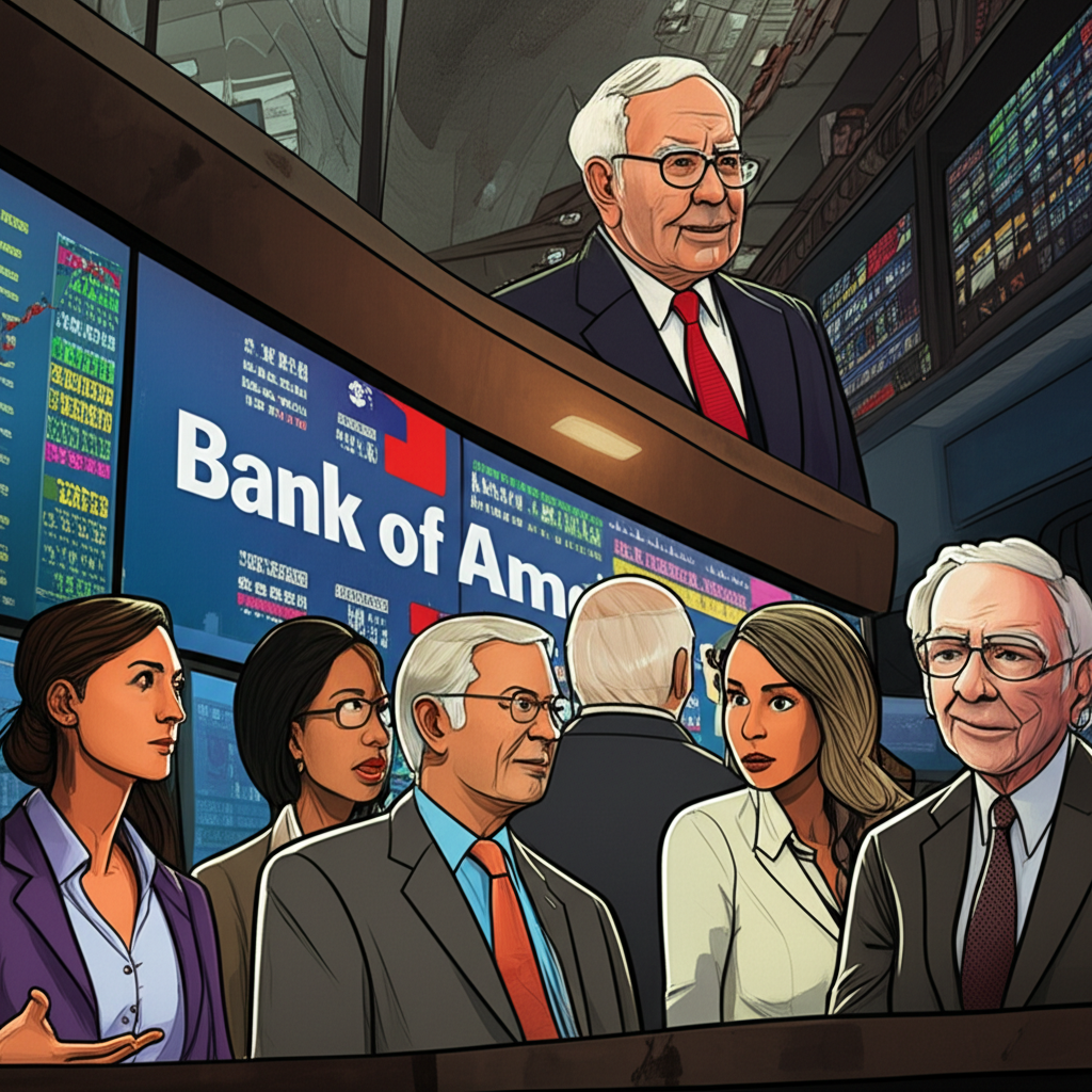 全球金融市場中美國銀行標誌與投資者觀察股價圖表的插圖