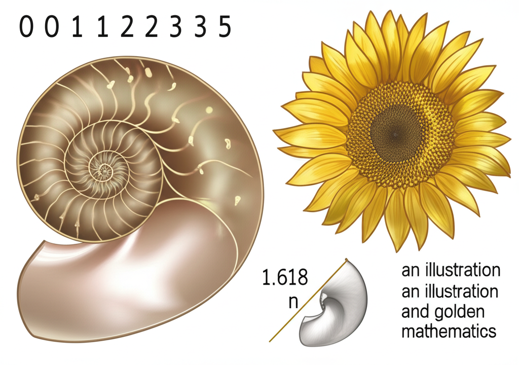 斐波那契數列 0 1 1 2 3 5 與黃金比例 1.618 在自然與數學中的插圖