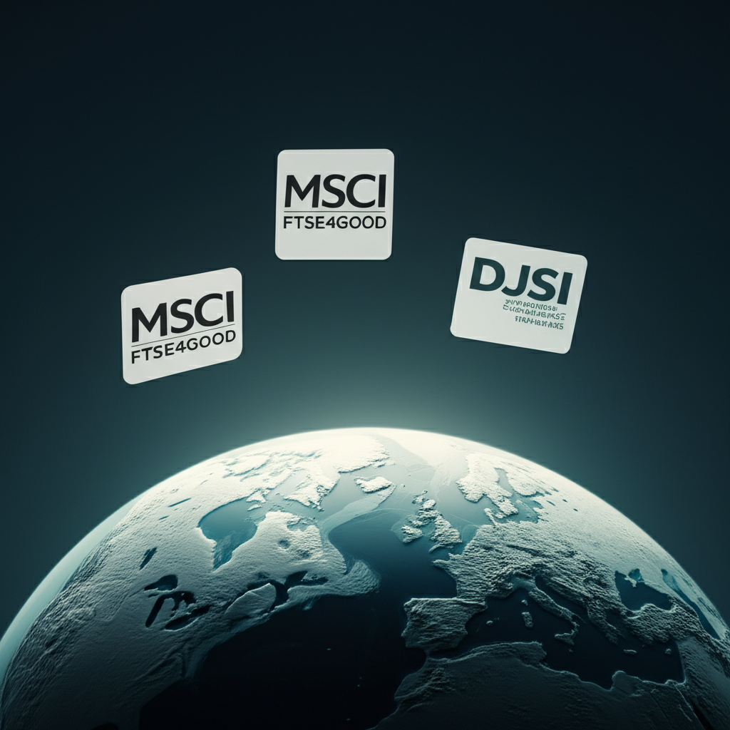 MSCI、FTSE4Good與DJSI指數標誌環繞地球的插圖，象徵其在全球永續投資的影響力