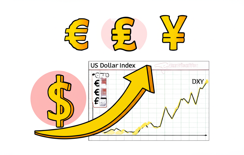 美元走強概念插圖,顯示美元相對於歐元、日圓等貨幣的匯率圖表與DXY指標