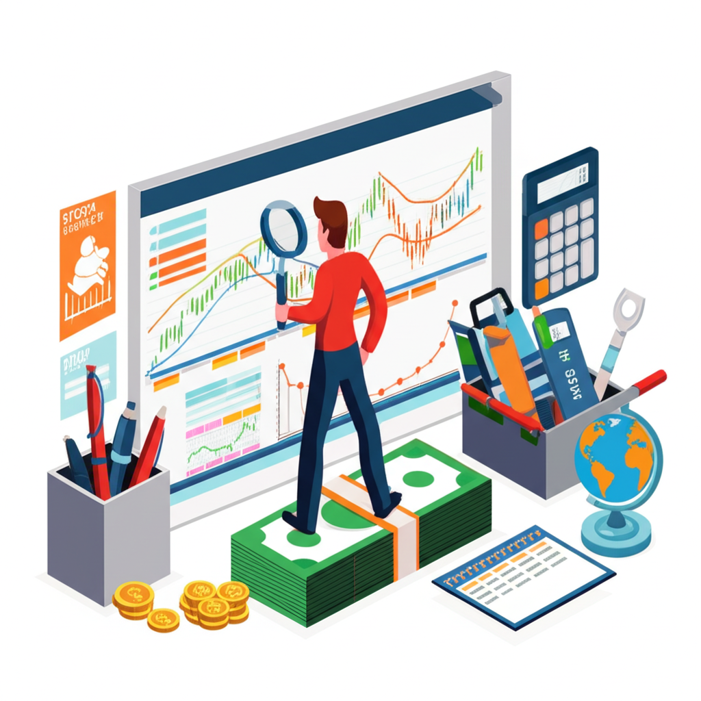 投資人檢視股票圖表與匯率變動的工具箱