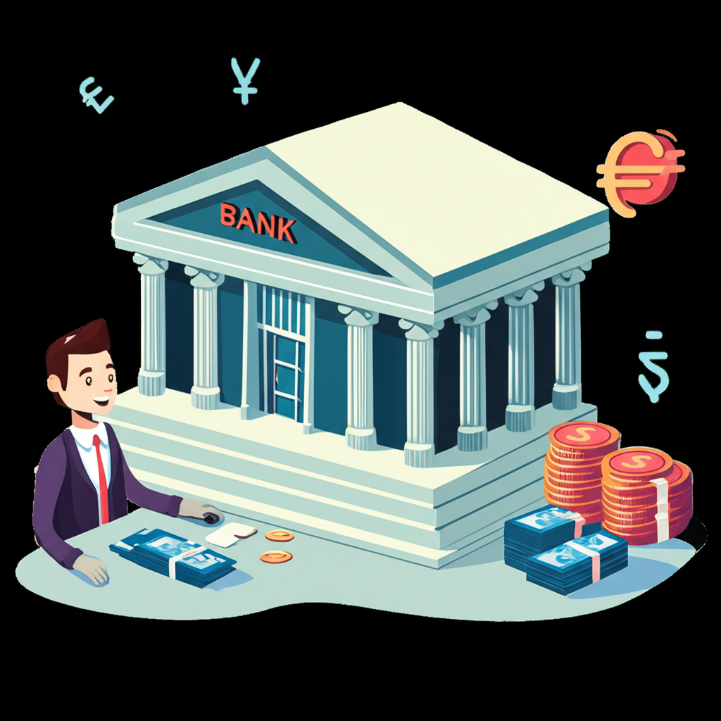 銀行建築作為中心樞紐，微笑的銀行家管理外幣交易，從銀行視角展示匯率