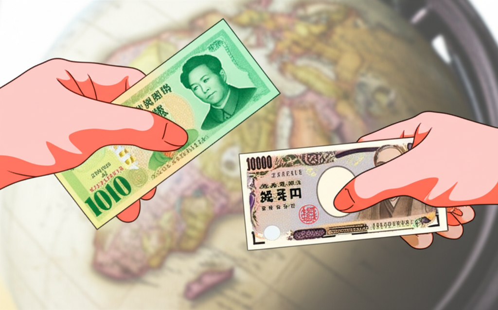 手交換不同貨幣如新台幣和日圓，背景有地球代表國際貿易與金融