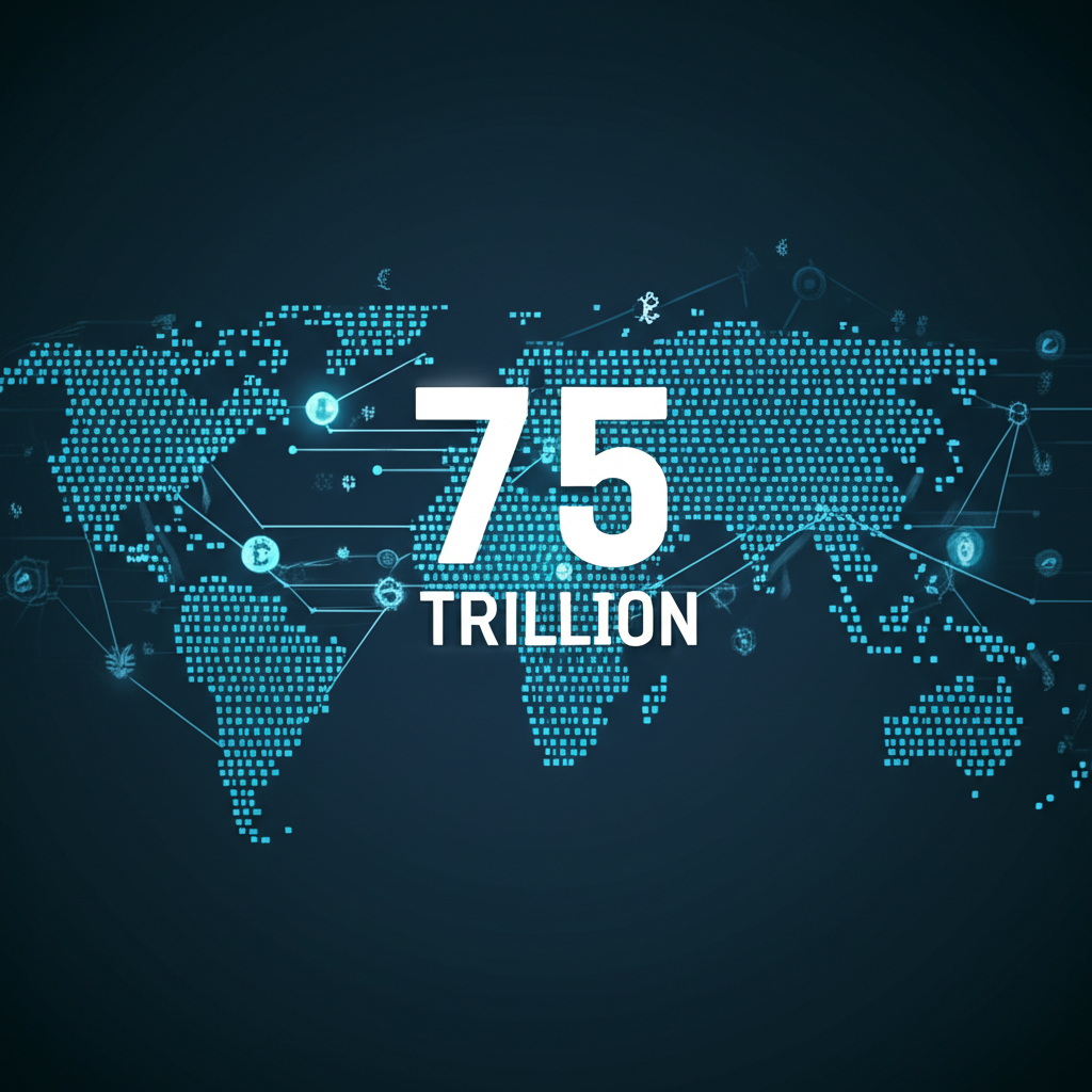 全球金融市場插圖,顯示數位貨幣流動與標示每日交易量7.5兆美元的巨型數字