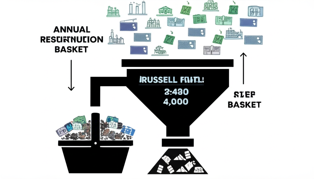 公司規模篩選插圖，大型過濾器將小型公司分流至羅素2000籃子，代表年度重組過程