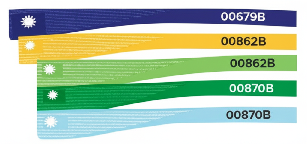 不同顏色的台灣上市美債ETF債券證書,象徵不同存續期間和風險,如00679B、00862B和00870B