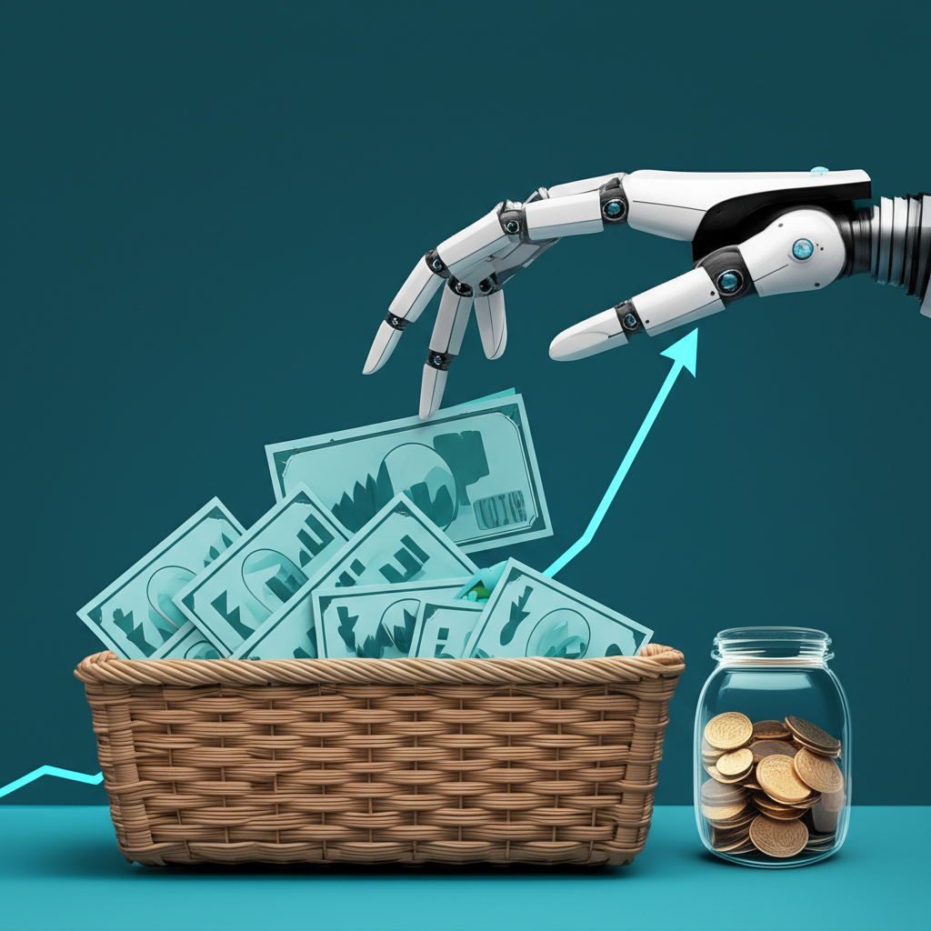 機器手臂依指數配置股票的被動管理示意圖,旁邊有象徵低費用的儲蓄罐