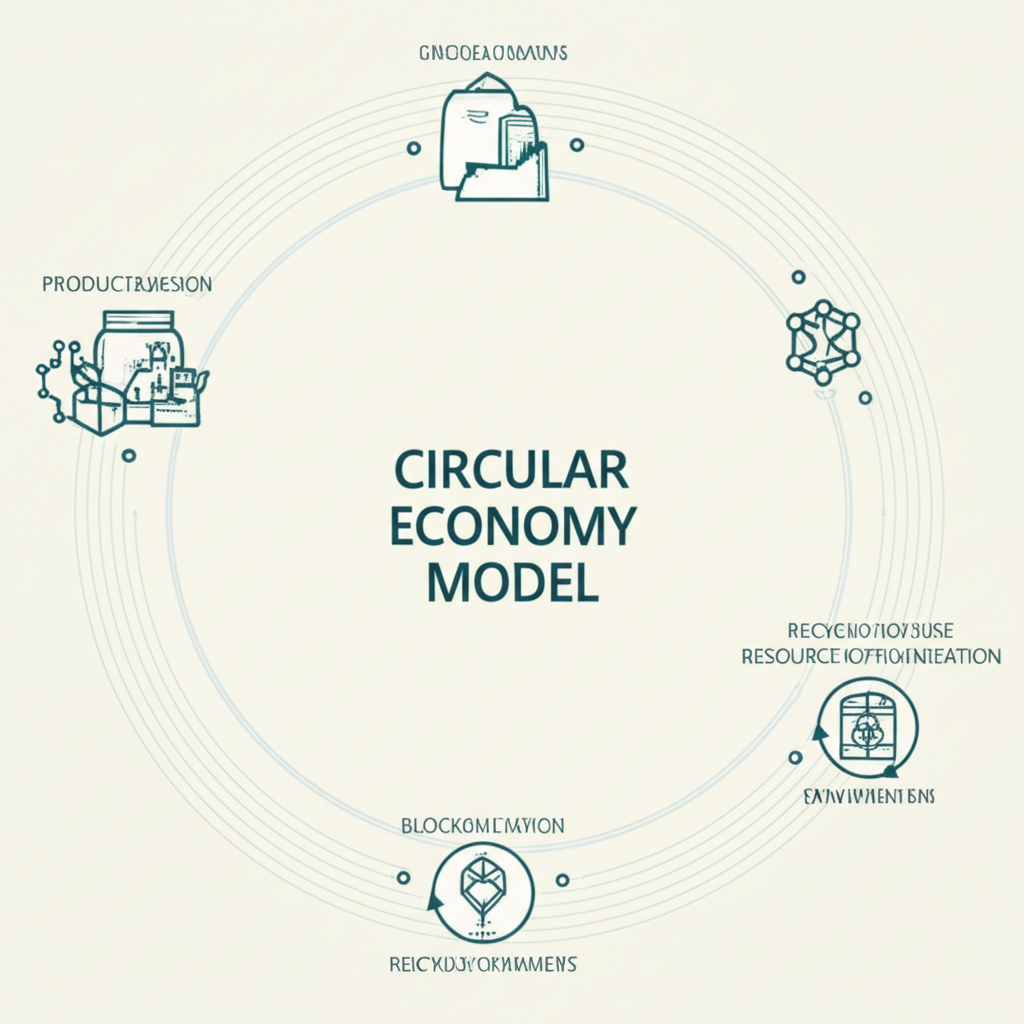 循環經濟模型插圖,數位線條顯示追溯與資源優化,區塊鏈圖標代表透明度