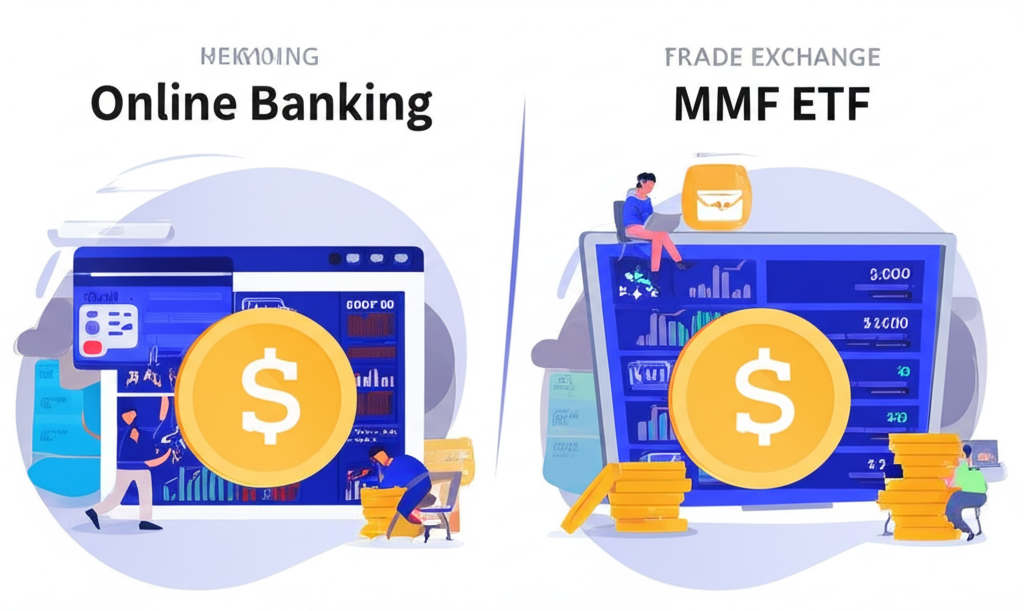 一個人透過線上銀行管理基金，另一個在股票交易所畫面交易 ETF 的對比插圖，強調 MMF 與 MMF ETF 的差異