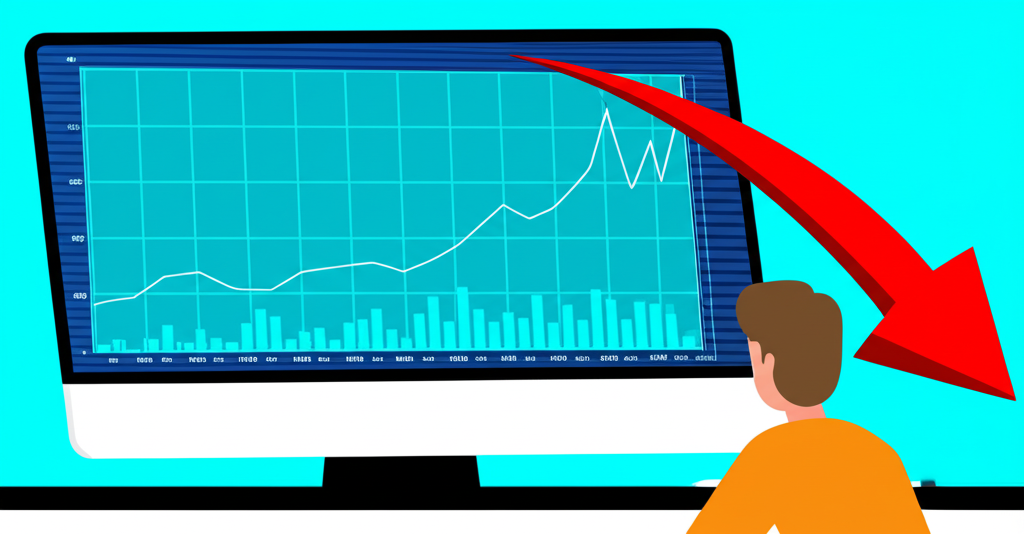 An illustration of a stock market chart with a sharp red downward arrow indicating a stock hitting its daily lower limit a worried investor looking at a screen in the foreground