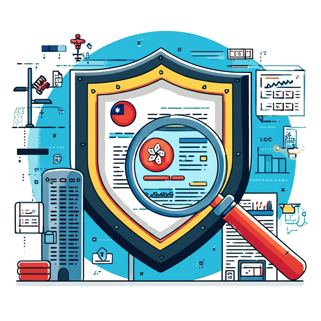 台灣與香港反向收購歷史演進圖示，聚光燈照射日益嚴格監管、盾牌保護投資者，以及放大鏡檢視市場透明度