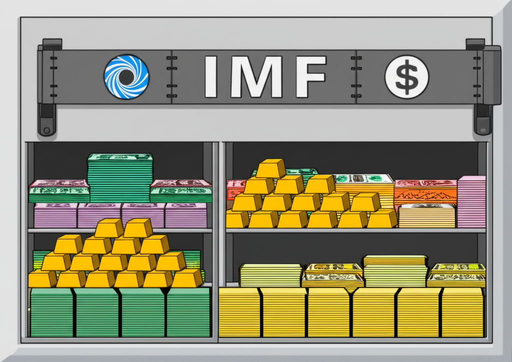 一幅描繪中央銀行金庫充滿國際貨幣、金條及IMF符號的插圖,象徵國家外匯儲備對金融穩定的支撐