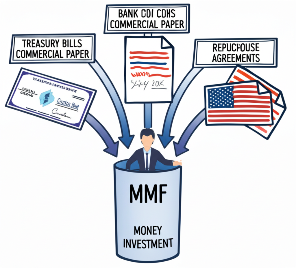 各種金融工具如國庫券、商業票據、銀行 CDs 和回購協議流入中央基金，由專業人士管理的插圖，描繪 MMF 投資