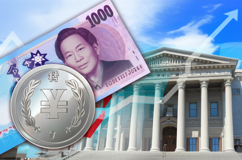 日圓硬幣與台幣紙幣的插圖，顯示匯率波動圖表與銀行背景，代表即時貨幣轉換