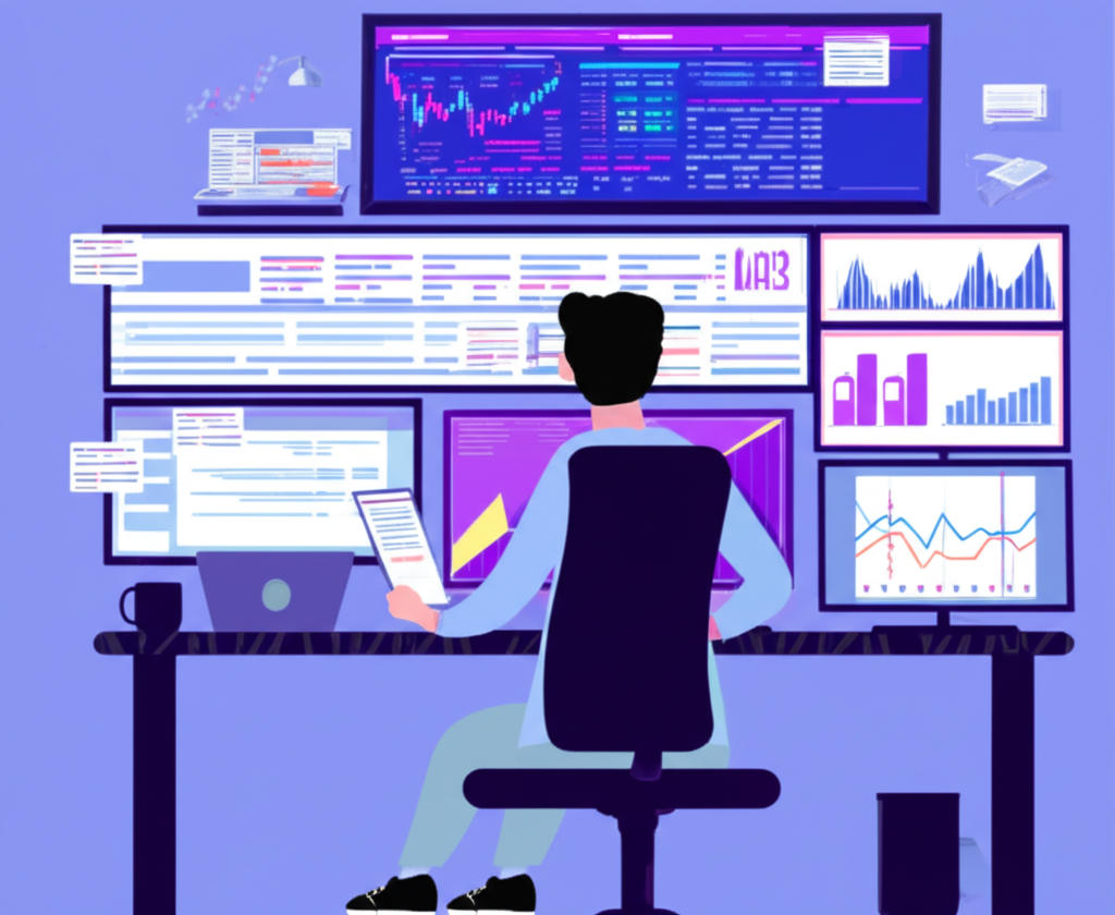 投資人坐在桌前，透過多個螢幕檢視圖表、數據和新聞頭條，準備股市開盤前的分析，插圖風格