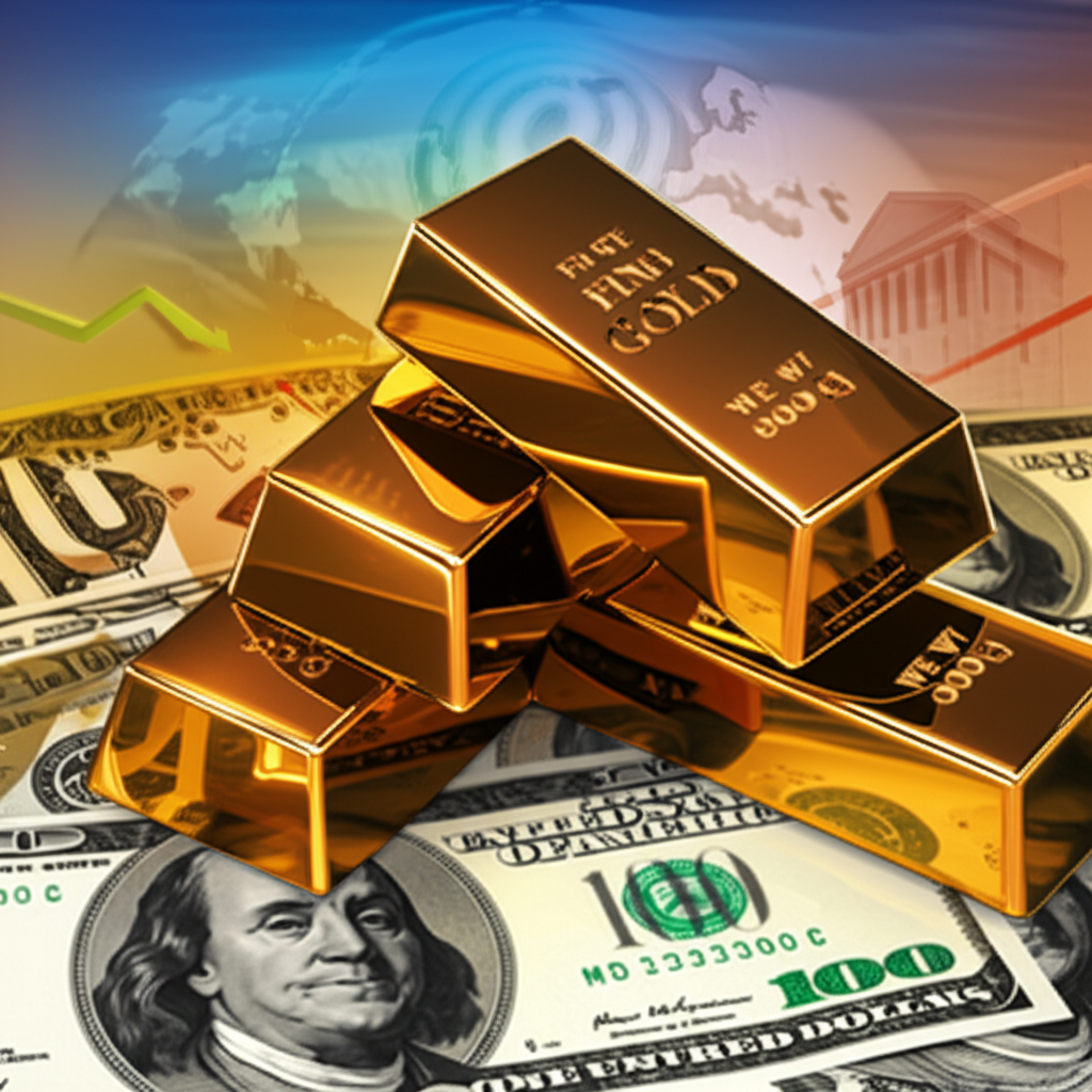 黃金與美元交織的全球金融系統插圖,受央行決策、地緣政治和通膨影響