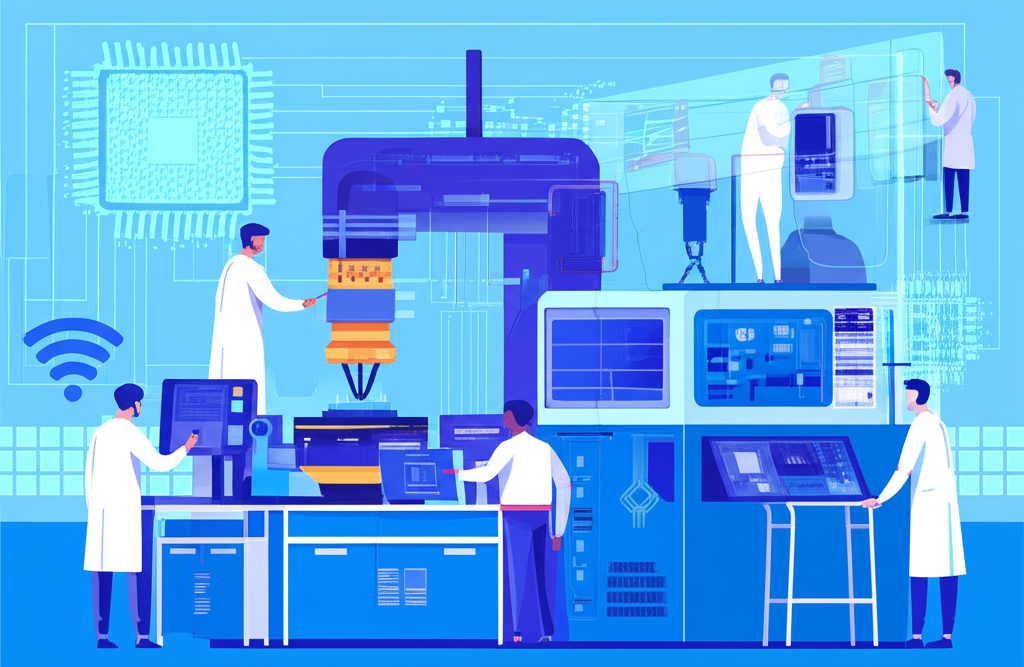 科學家在高科技實驗室開發等離子體刻蝕與薄膜沉積設備，背景為微晶片與電路板，展現創新與全球領導力