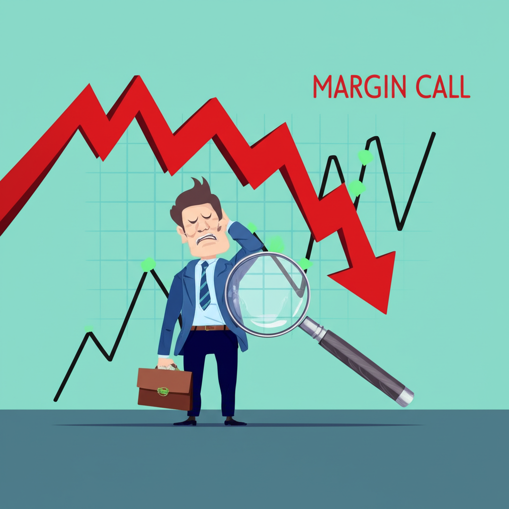 投資者面對波動股價圖表感到壓力，紅色箭頭指向下跌，放大鏡突出 Margin Call 風險