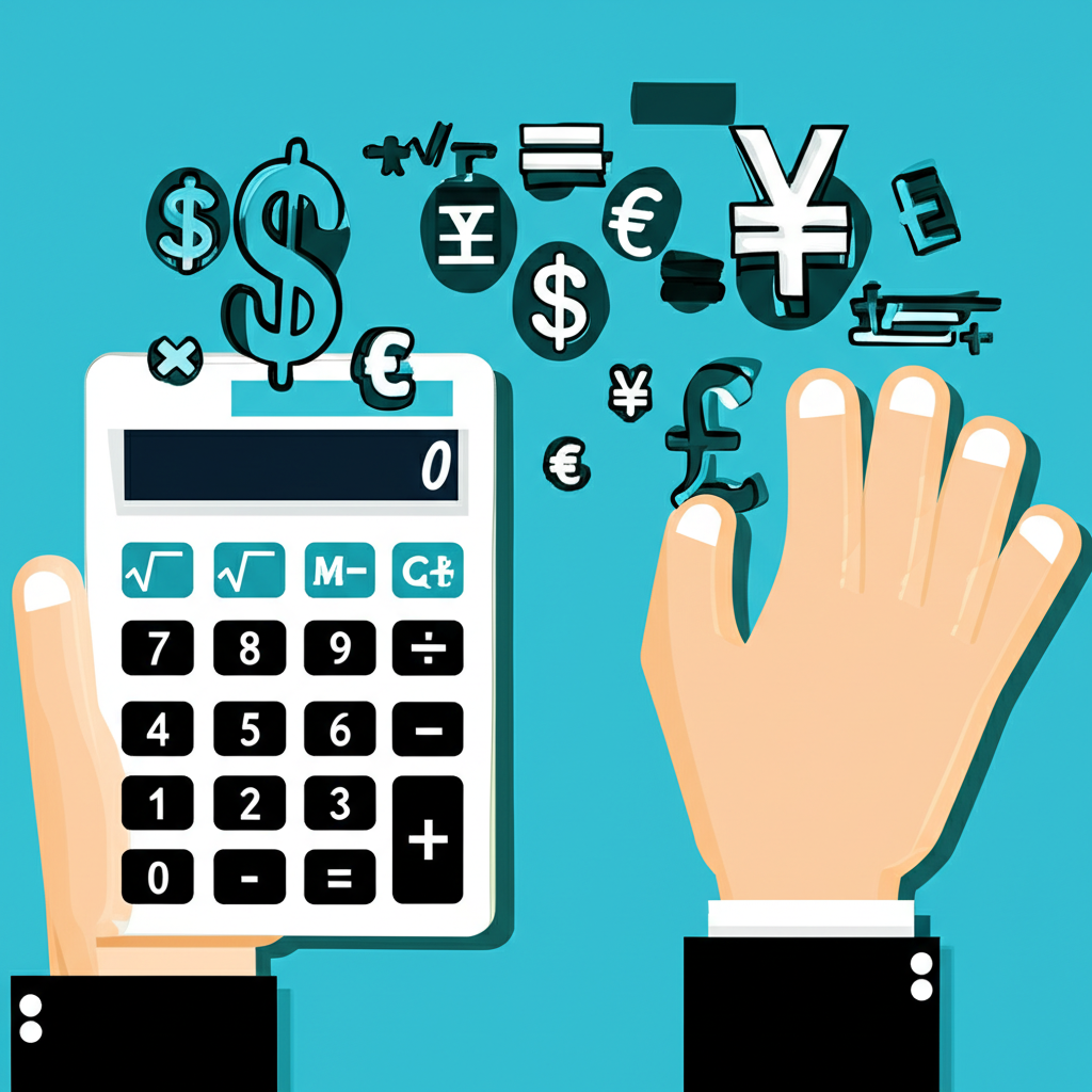 手持計算機周圍浮現外幣符號與數學公式的圖像,象徵匯率差異計算與貨幣轉換過程