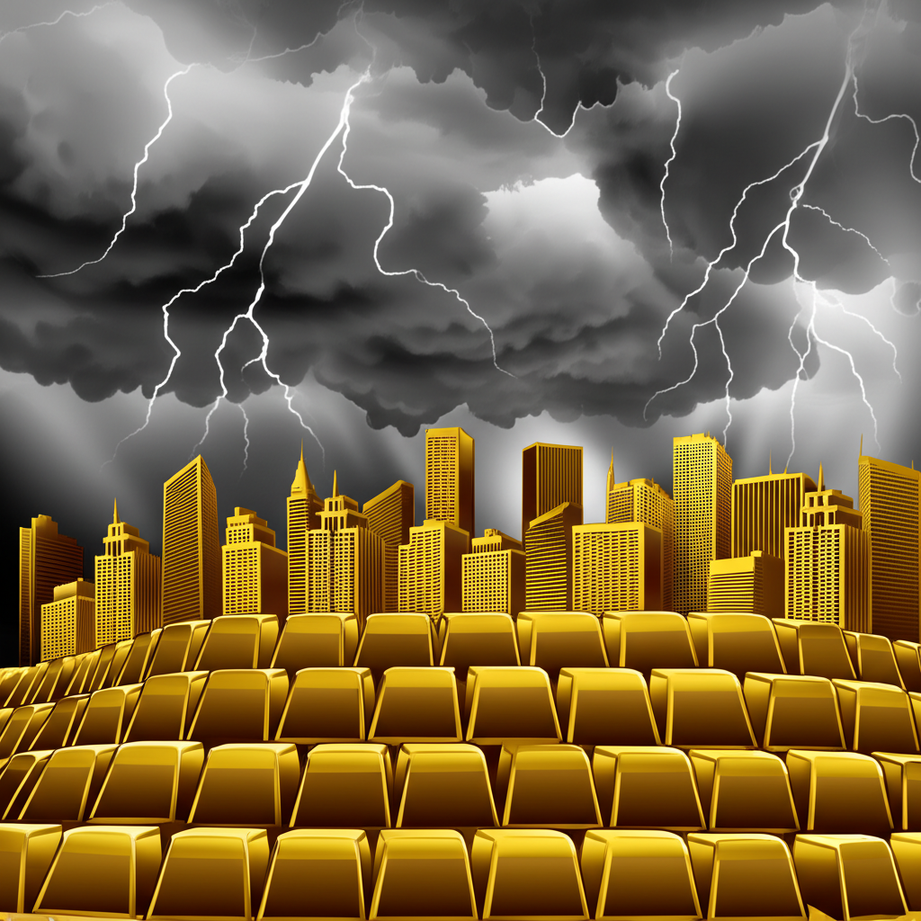 金條保護城市免受風暴雲與閃電攻擊圖示,象徵地緣政治衝突與經濟不確定性下的避險資產
