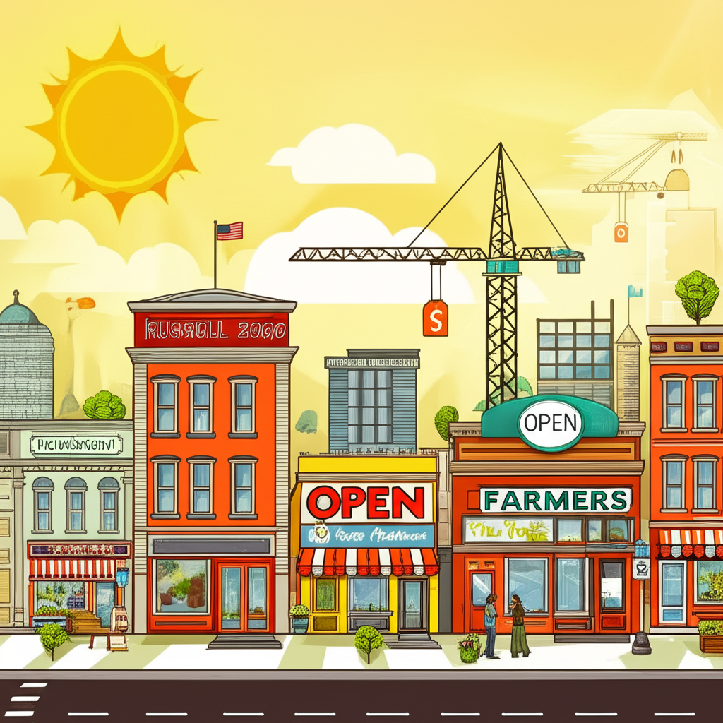 美國經濟活力插圖，陽光普照，小型企業蓬勃發展，代表羅素2000指數作為經濟晴雨表