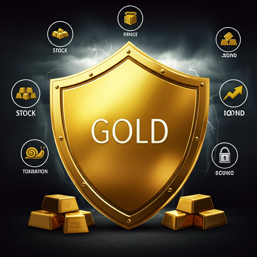 黃金盾牌守護多元資產組合,抵禦經濟風暴雲朵,象徵避險與抗通貨膨脹角色,並有優缺點小圖示