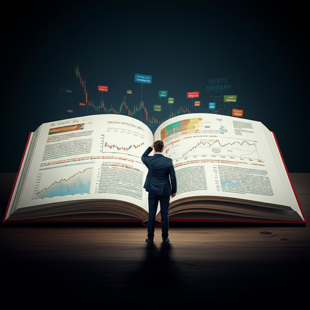 放大鏡聚焦築底圖表,顯示市場情緒與資金流向,投資者自信探索財務地圖