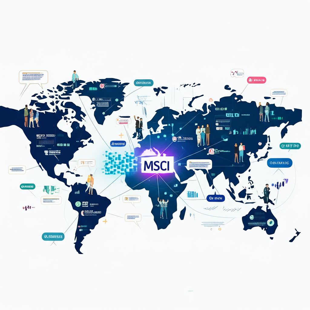 MSCI全球投資決策支援工具示意圖,展示其在全球金融網絡中的核心地位
