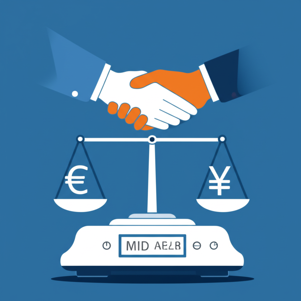 中價市場匯率平衡插圖,兩手握數字秤與貨幣符號完美平衡,象徵公平價值