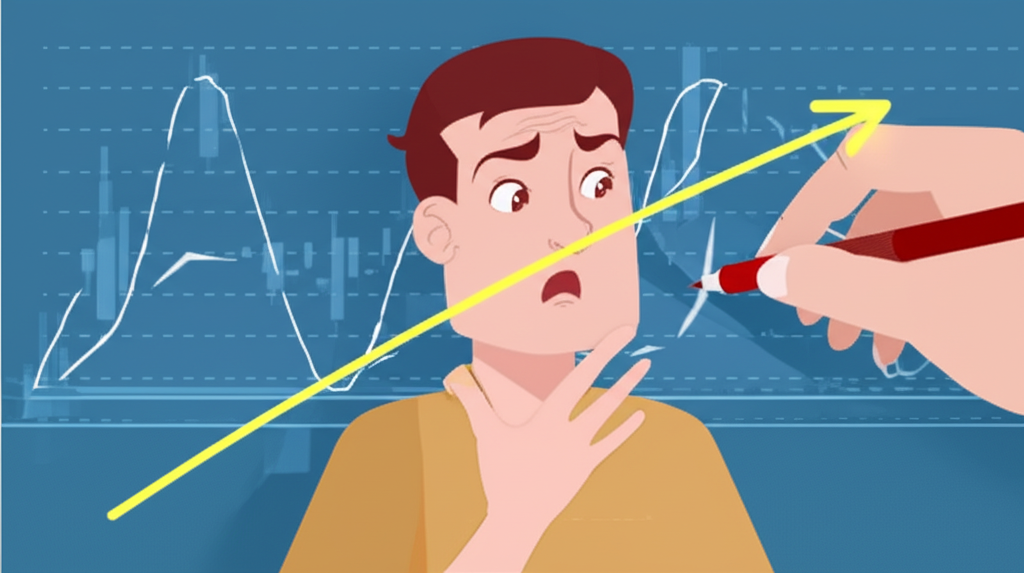 新手交易者困惑於複雜圖表，引導手協助繪製正確趨勢線，象徵學習技術分析並避免常見錯誤