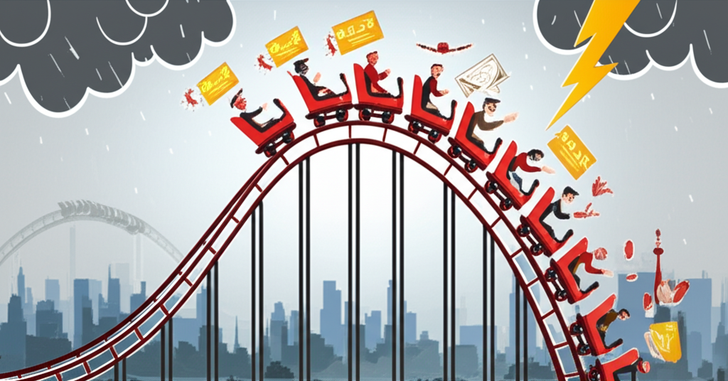 上海證券交易所綜合股價指數歷史演進插圖，呈現如雲霄飛車般的波動，標註牛市與金融危機等關鍵里程碑