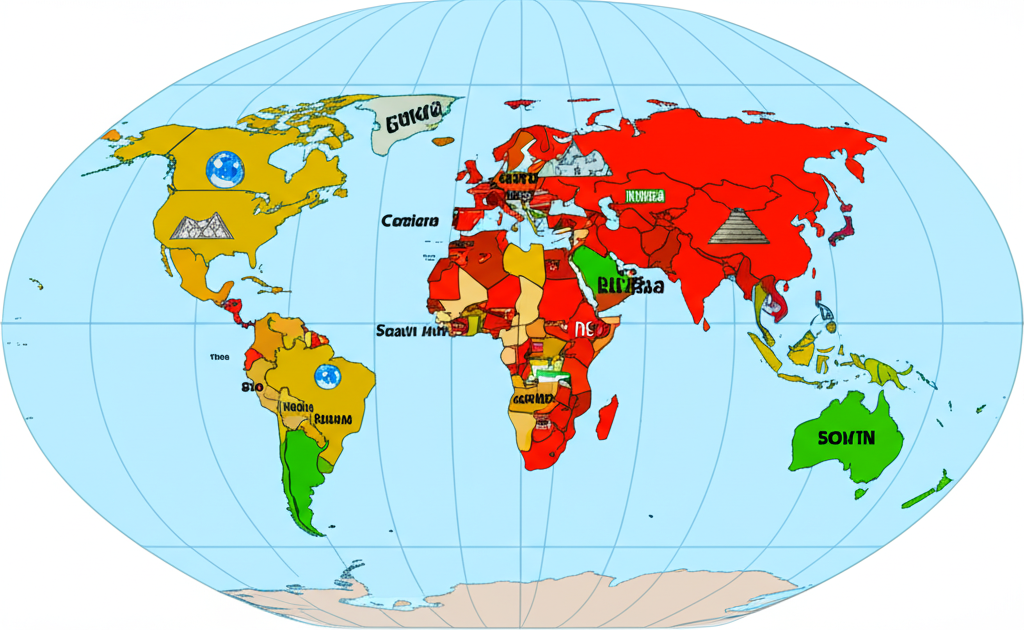 拉丁美洲、中南美洲和南美洲的視覺區別插圖，使用顏色編碼地圖和文化地理象徵