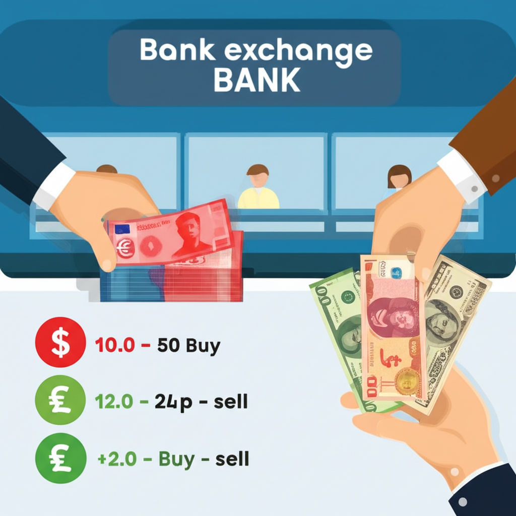 客戶向銀行買賣外幣的插圖，標示低賣出價和高買入價