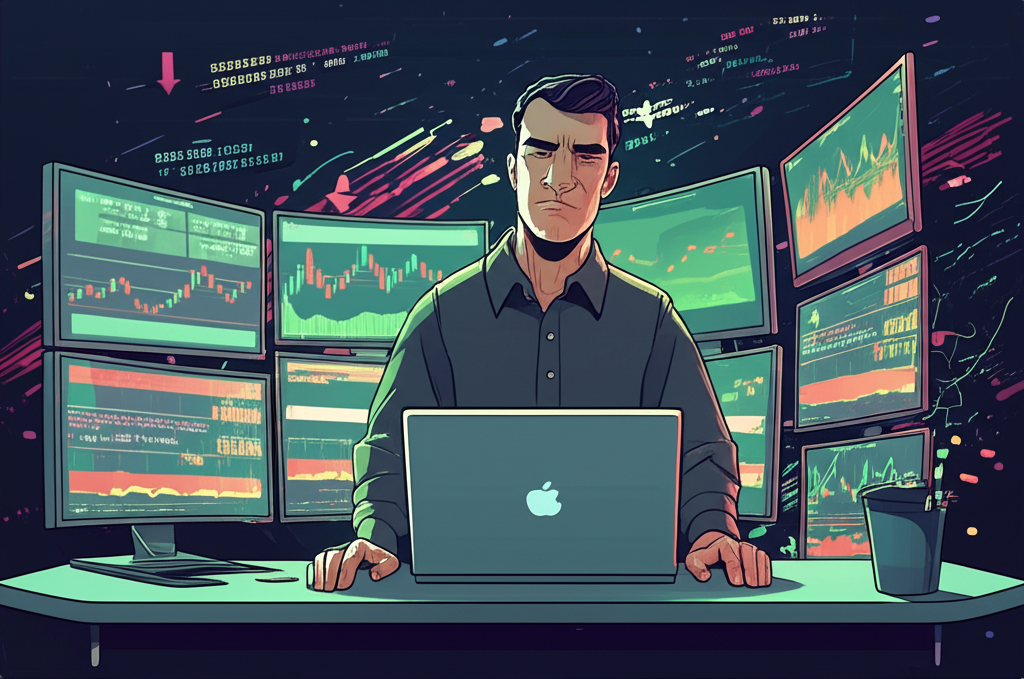 交易者在動態股市中快速決策,周圍環繞著直觀圖表和短線指標信號的插圖