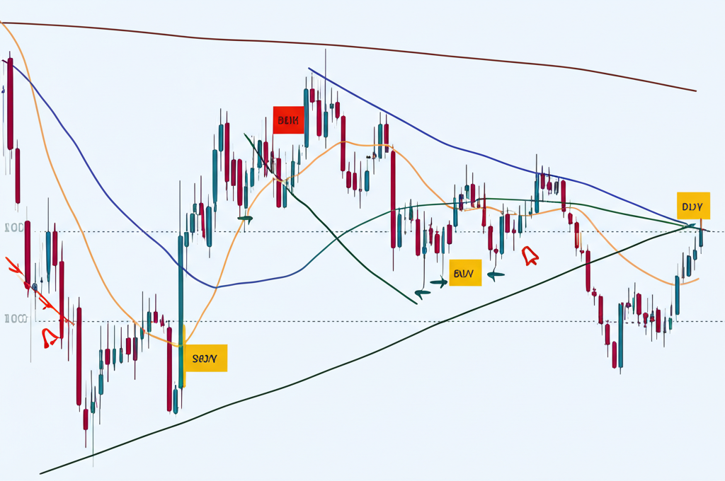 illustration of a financial chart with multiple moving average lines acting as dynamic support and resistance for price candles showing clear buy and sell signals symbolizing market analysis
