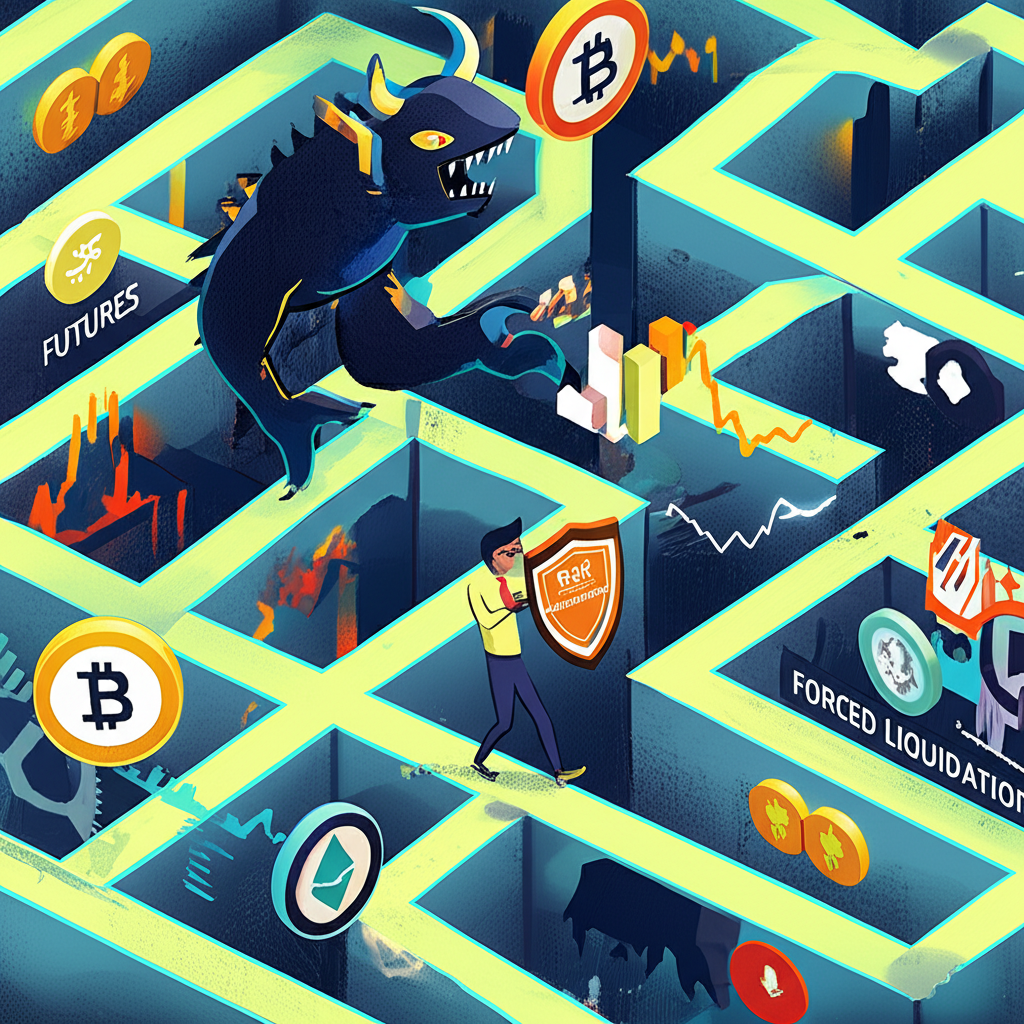 投資人手持風險管理盾牌，在股票期貨和加密貨幣符號環繞的金融迷宮中前進，避免強制平倉怪物