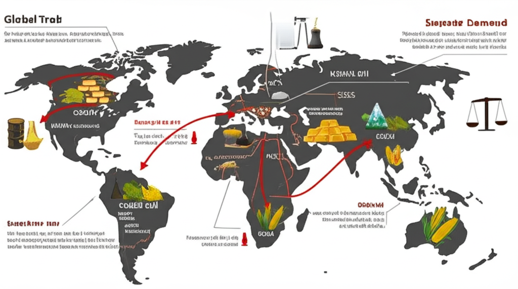 全球大宗商品交易插圖,展示石油、黃金和農作物在世界地圖上的供需平衡