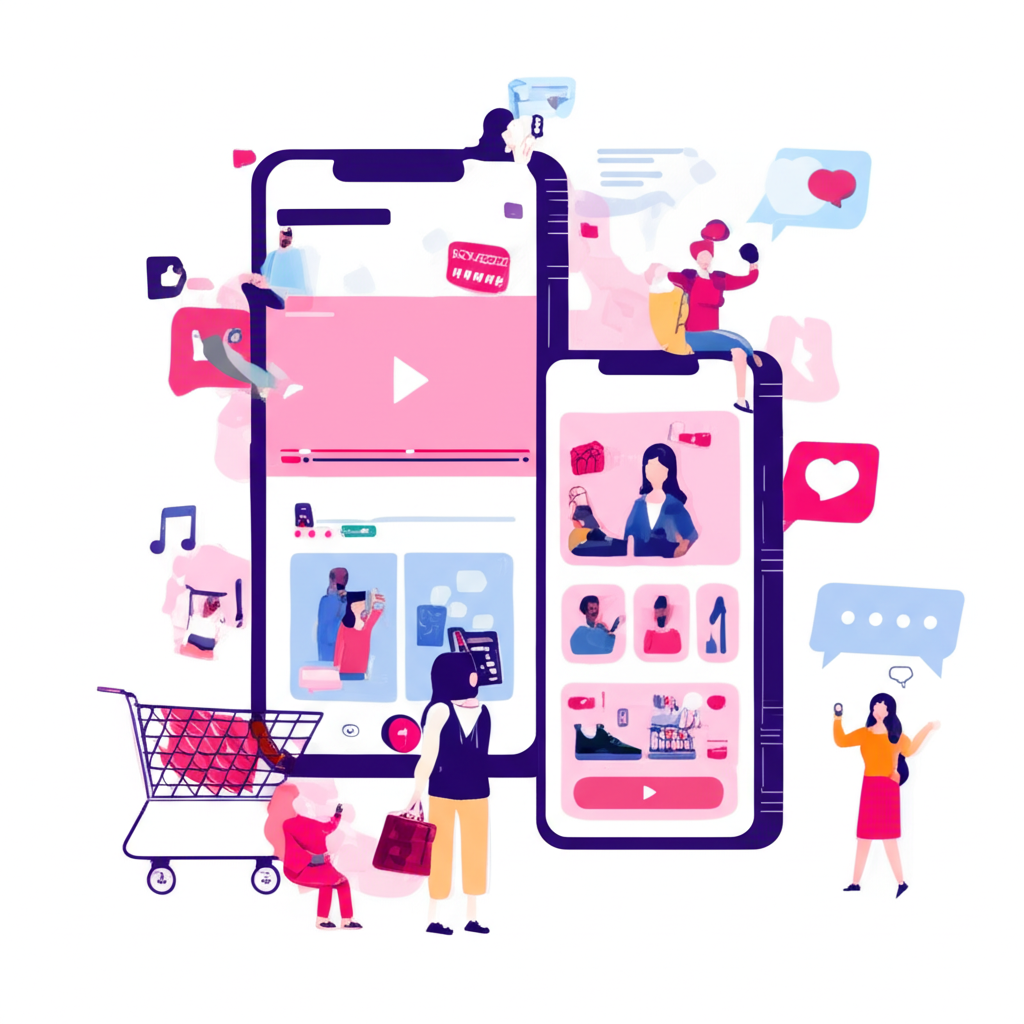 短影音平台插圖，如TikTok與Instagram Reels，展示人們創作與觀看影片、直播購物及社群互動