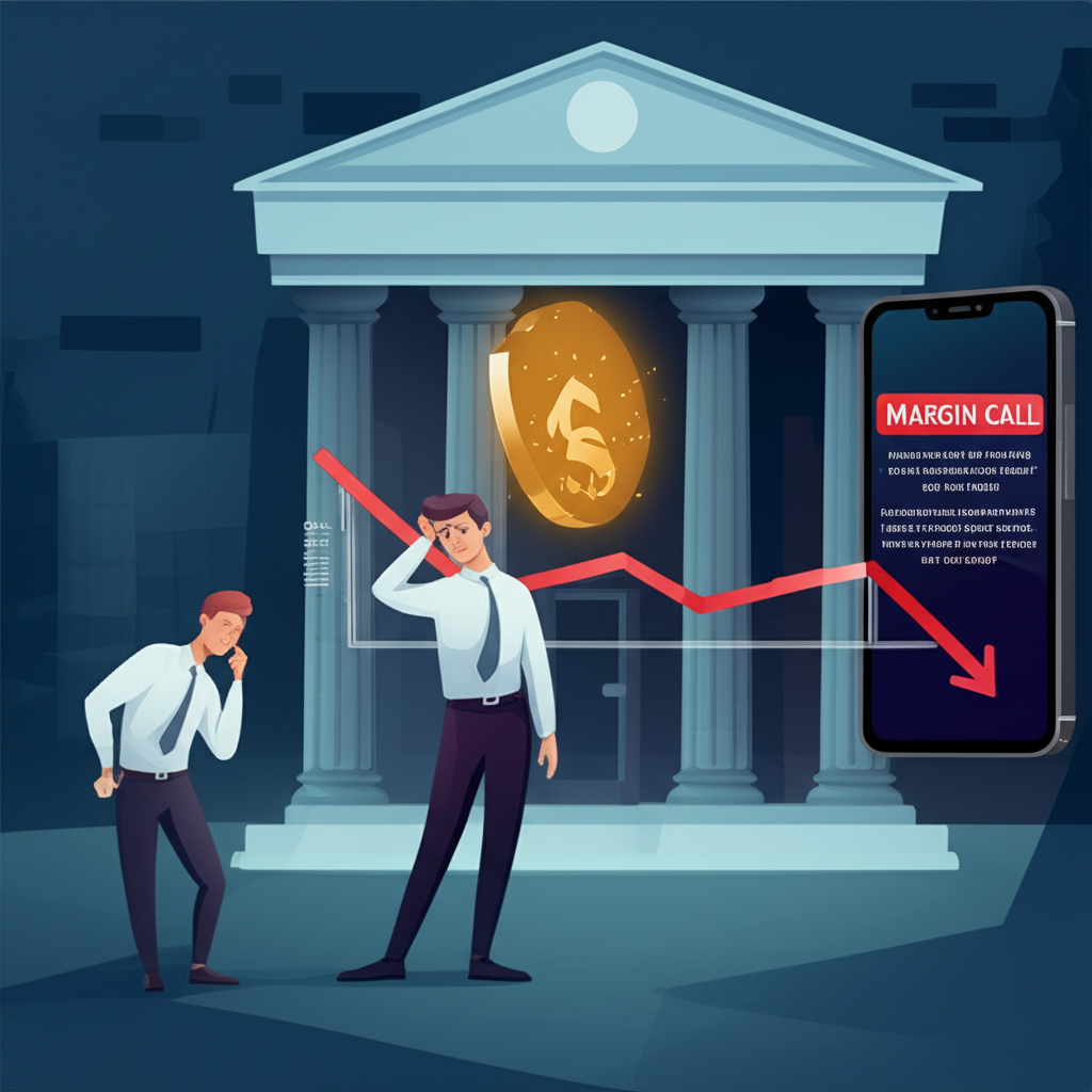 焦慮投資人手機收到 Margin Call 通知，背景有交易所建築，權衡顯示帳戶淨值低於維持保證金