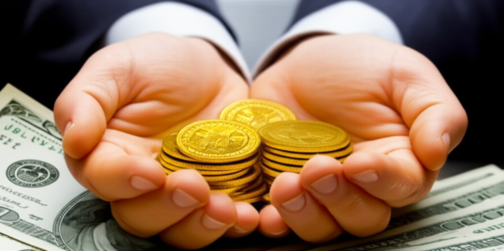 投資人手持金幣,美元鈔票縮小圖示,描繪通膨與實質利率對黃金投資的影響