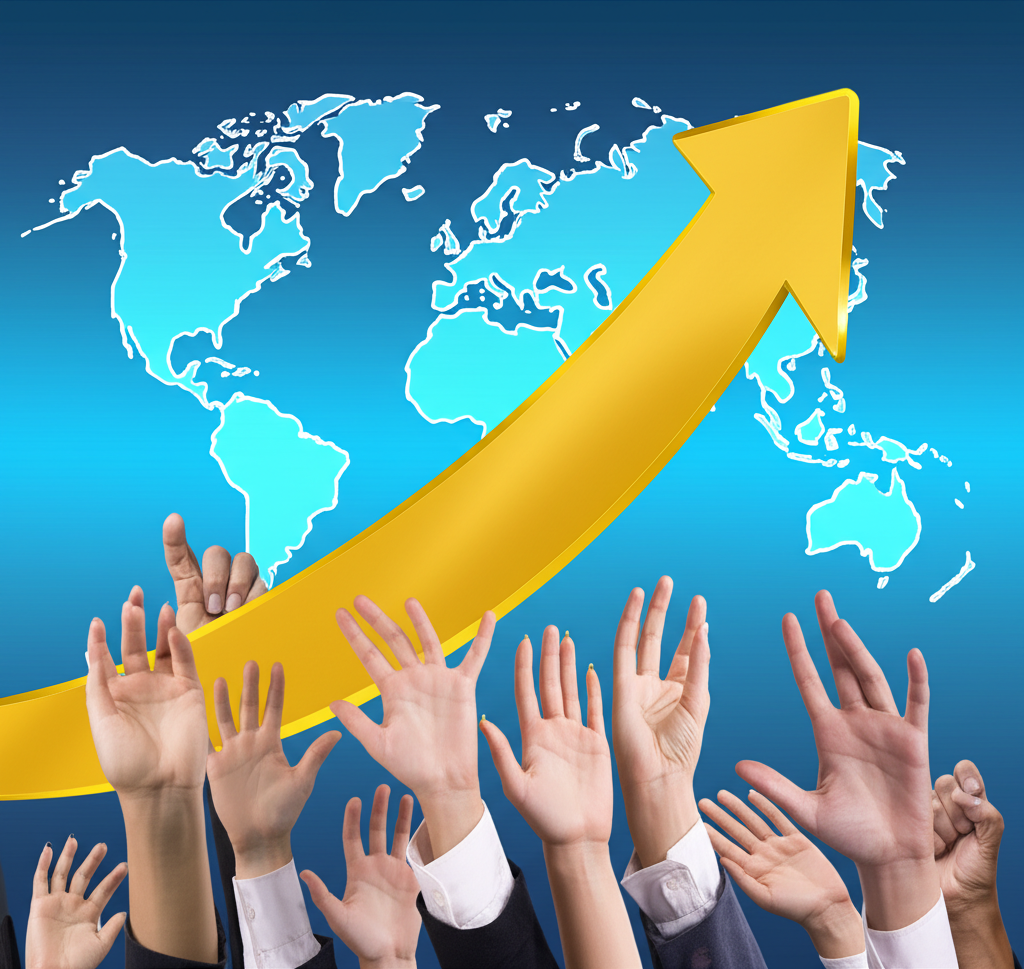 黃金箭頭向上衝刺，背景為復甦全球經濟，多隻手伸向箭頭代表投資者尋求機會