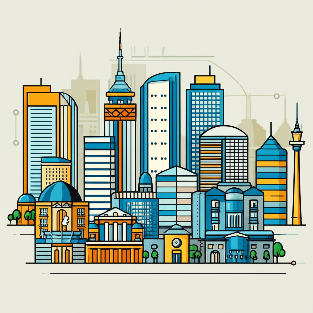 德國產業建築群如汽車工廠、科技園區與金融大樓的插圖，透過線條連結代表DAX 40成分股的全球領導力