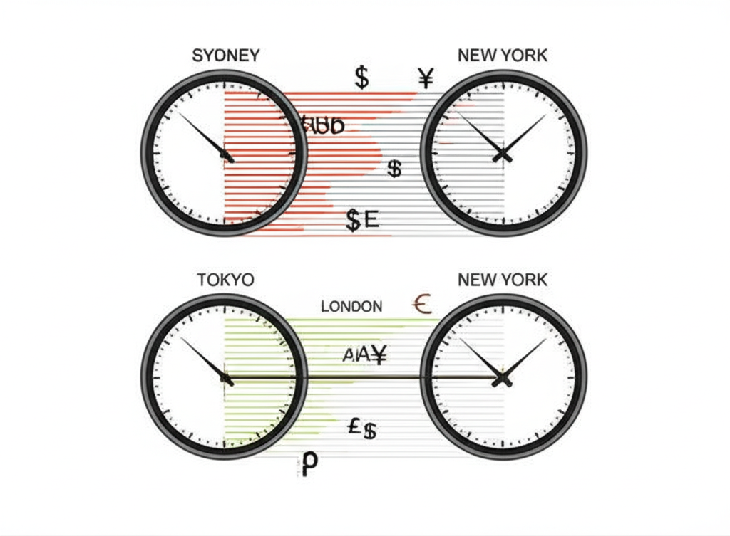 四個鐘面插圖，分別標示雪梨、東京、倫敦與紐約，顯示重疊時間與活動水準，伴隨流線與貨幣圖標