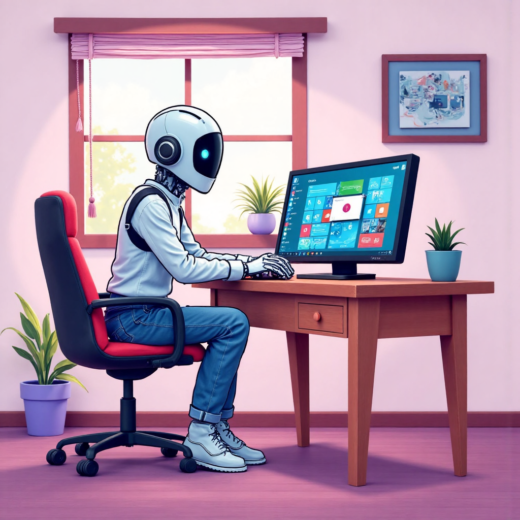 友好機器人助手 Copilot 與各種微軟軟體介面互動的奇幻插圖,在風格化桌子上,柔和燈光和粉彩色調