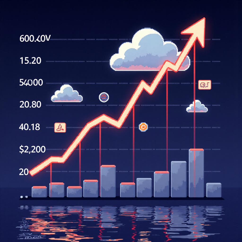 微軟股票走勢圖,整合微軟標誌、向上趨勢、AI 元素和雲端圖示的像素藝術風格插圖