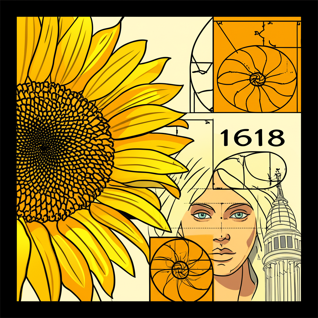 黃金比例1.618在自然元素中的插圖，包括向日葵螺旋、鸚鵡螺殼、人臉和建築設計，強調數學美感和和諧