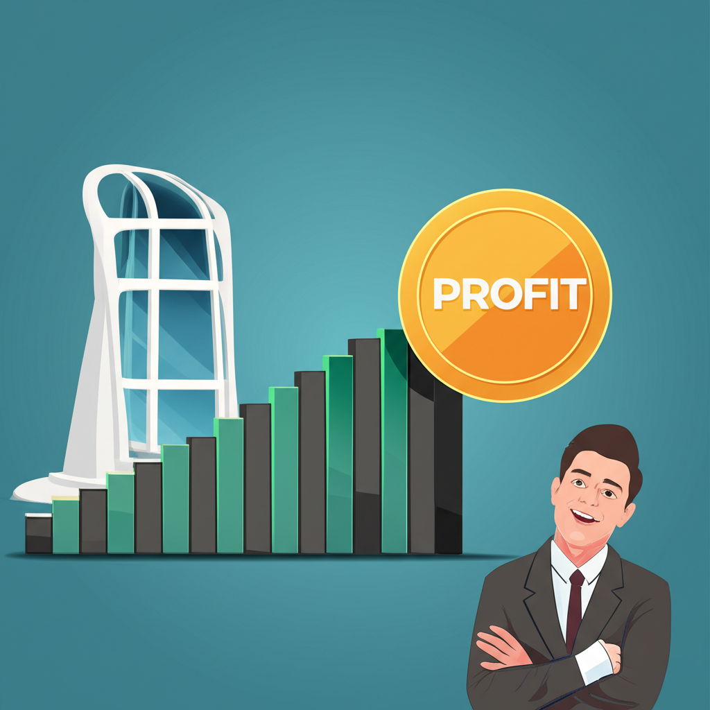 營收成長柱狀圖轉化為巨大利潤金幣，未來感建築代表成長潛力，投資人欣喜觀望這轉變