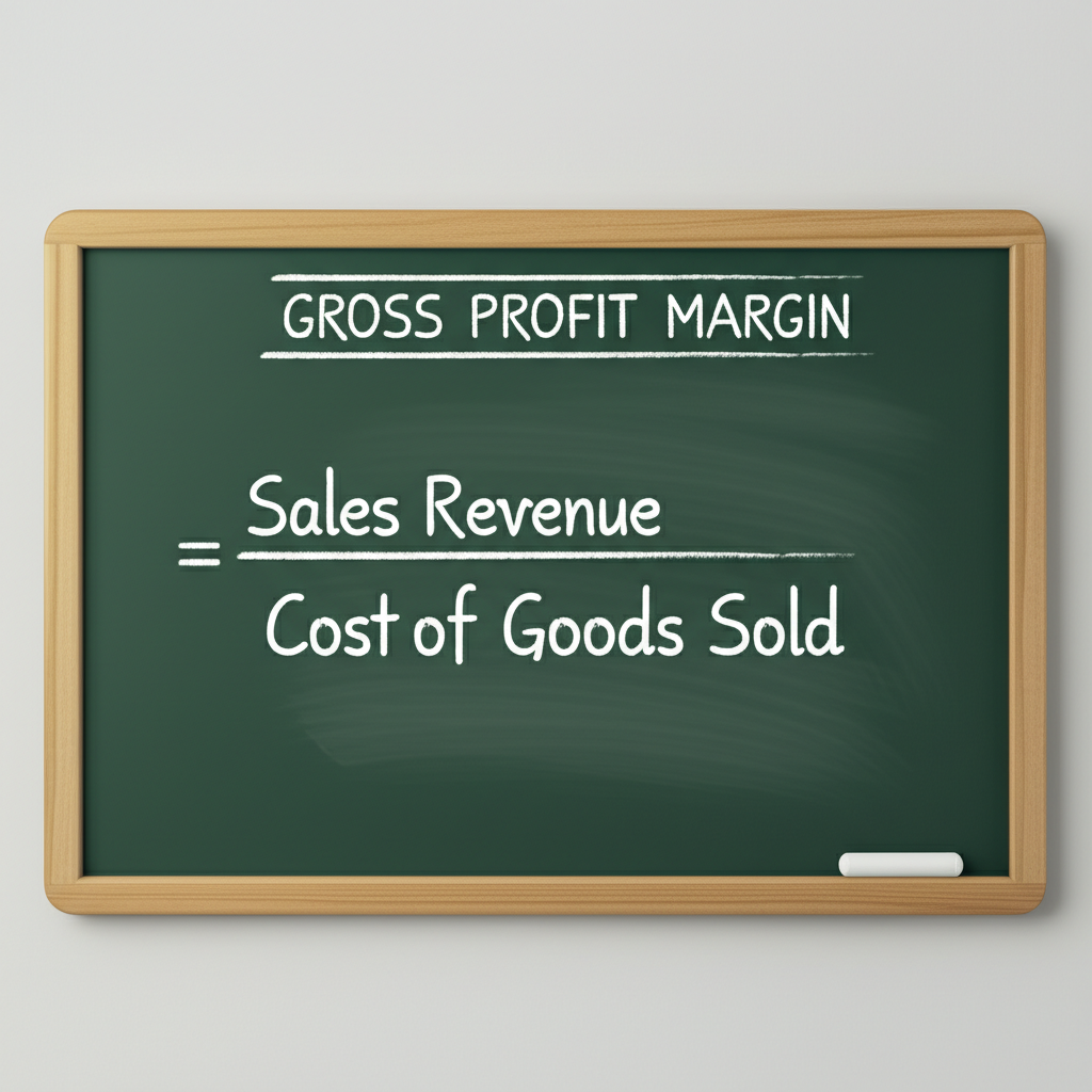 黑板上顯示毛利率數學公式，突出銷貨收入和銷貨成本，簡單乾淨的插圖風格