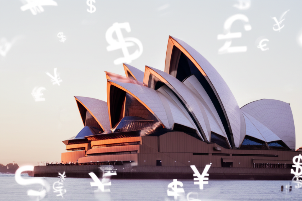 雪梨歌劇院黎明插圖，周圍飄浮貨幣符號，象徵澳洲紐西蘭地區外匯市場的寧靜開端與平穩金融景觀